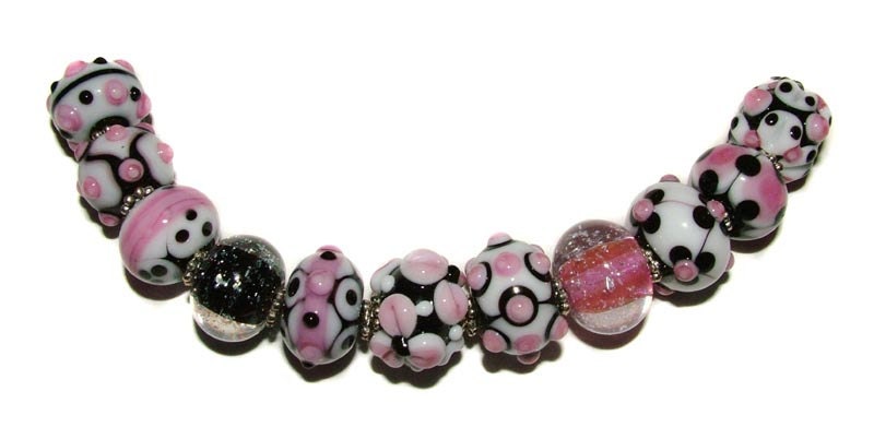Ready to Ship Lampwork beads - Opaque Pink, Black & White  - handmade lampwork bead set by K. Urato SRA