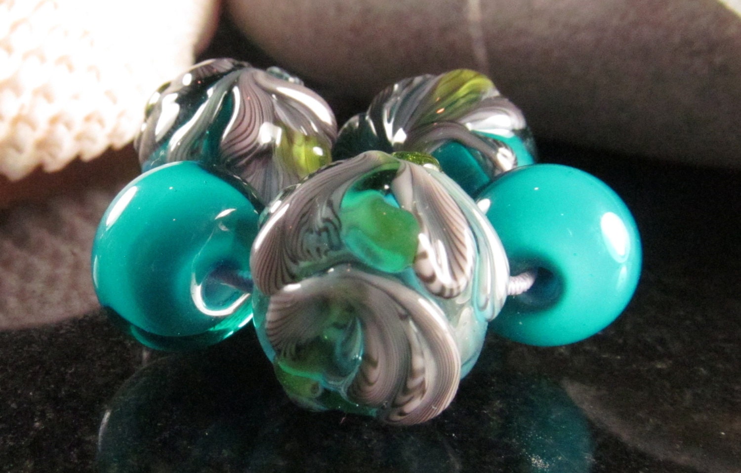 Lily blue sculptural floral lampwork bead set