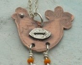 Chicken Necklace - in copper, sterling silver, and glass - by Kathryn Riechert
