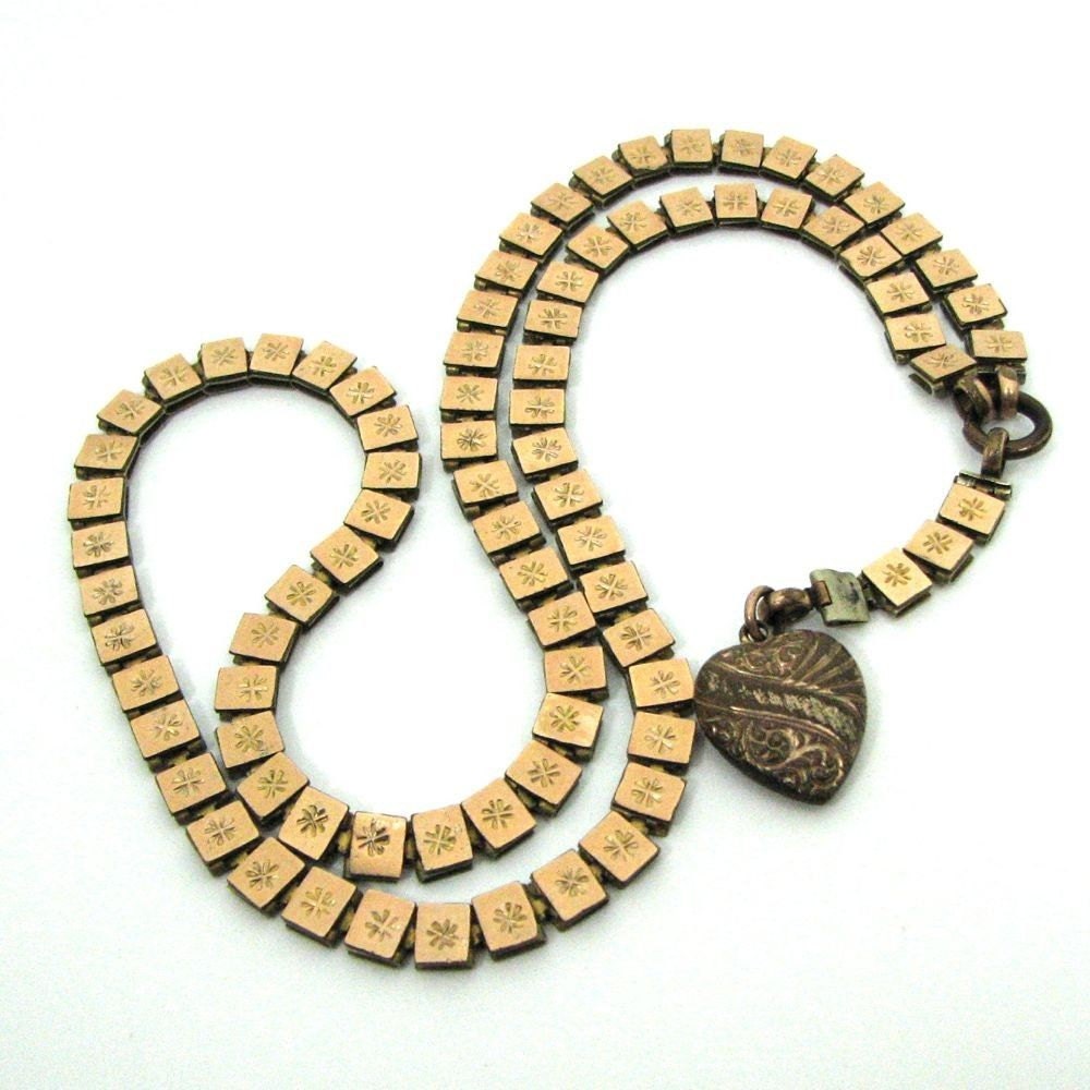 A Victorian Book Chain Necklace with Puffy Heart Charm - 12 Karat Rose Gold Fill - Circa 1880