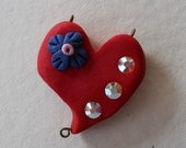 Sparkly Red Rustic Heart with a Sparkly Blue Flower plus Swarovski Crystals