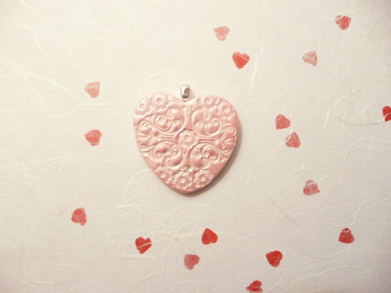 Pink Heart Pendant Charm flowers design - handmade polymer clay jewelry