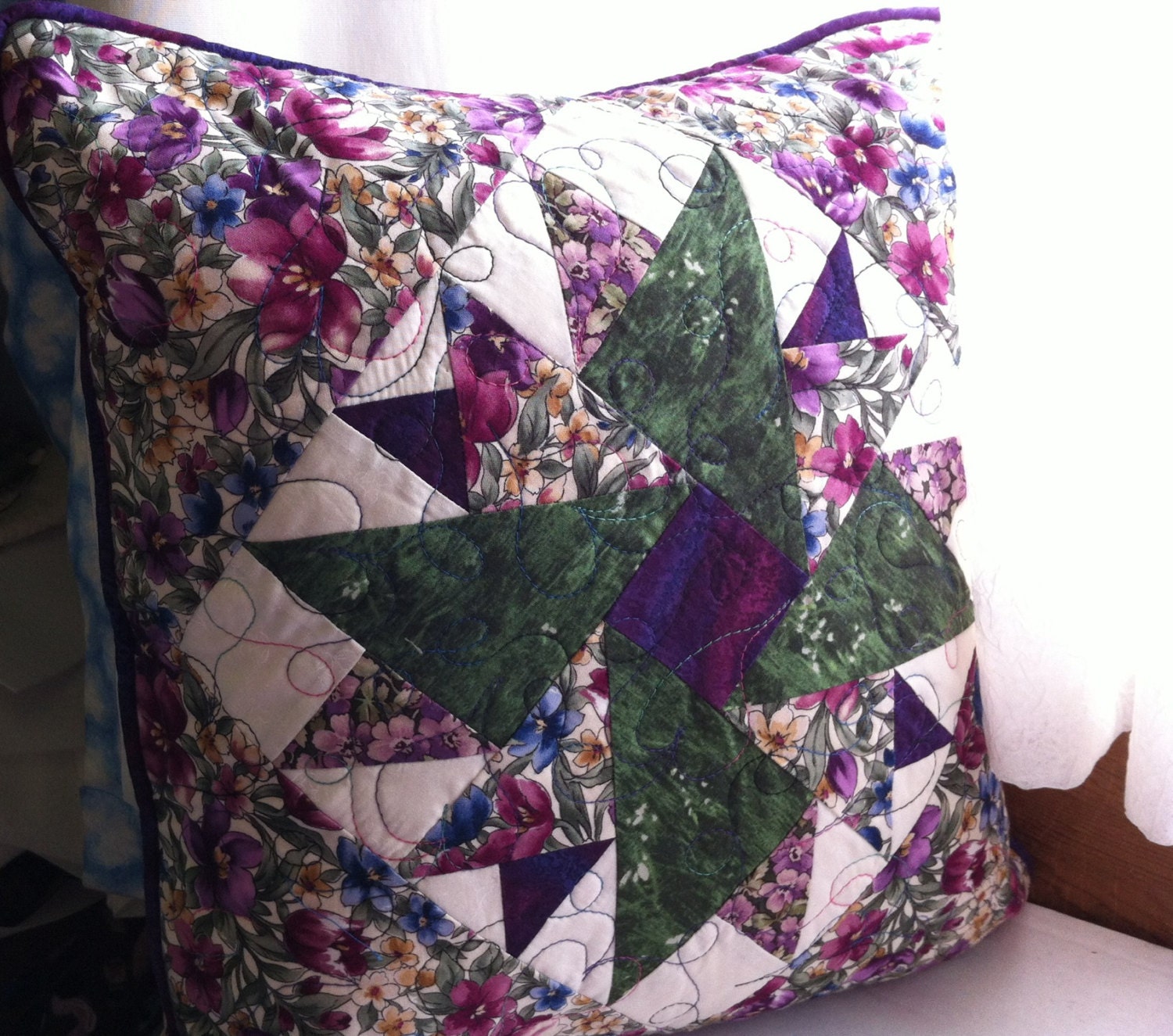 Purple and Green Floral Quilted Patchwork Pillow Cover