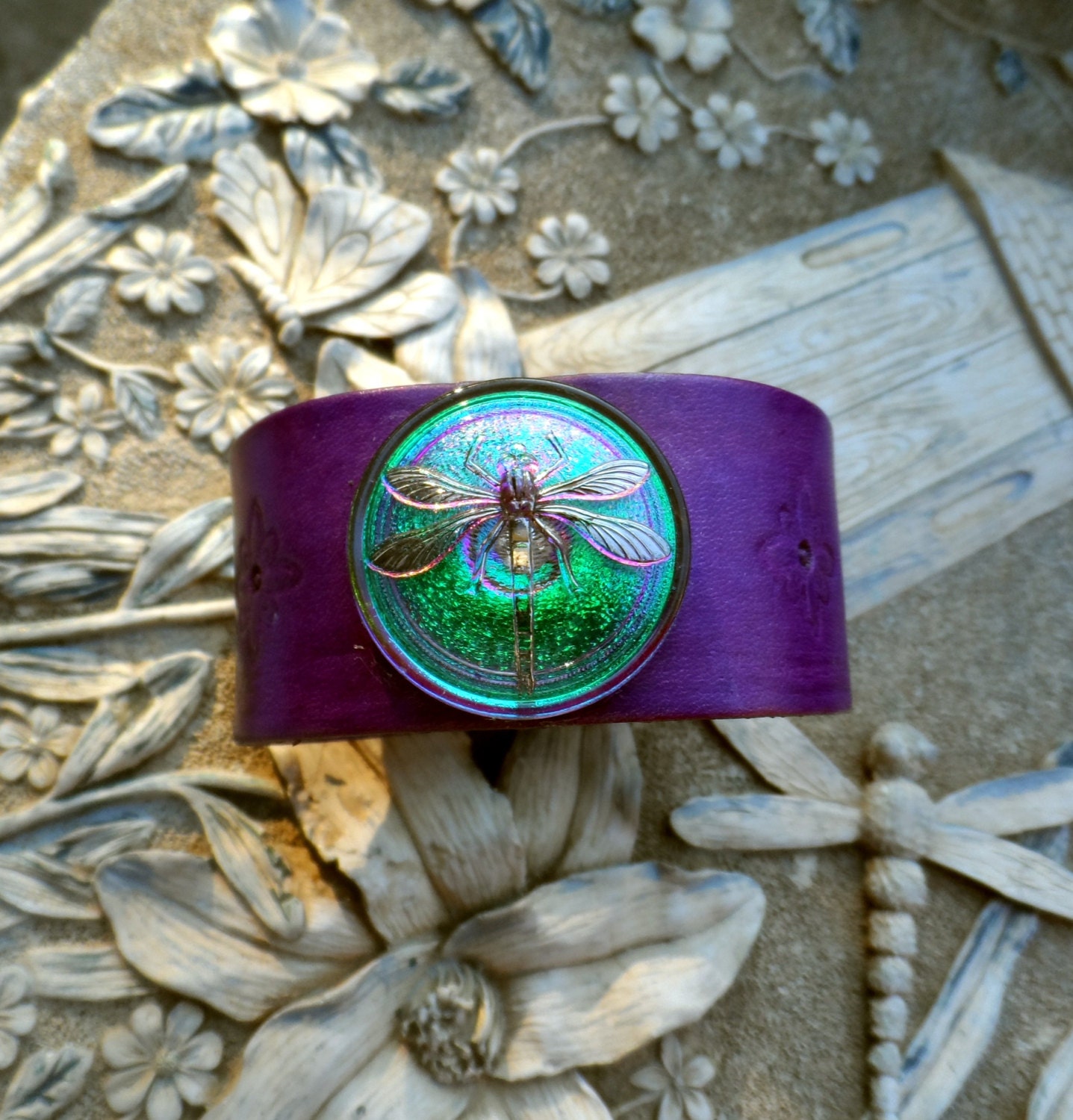 Textured Purple Leather Glass Dragonfly Button Cuff Wristband Bracelet