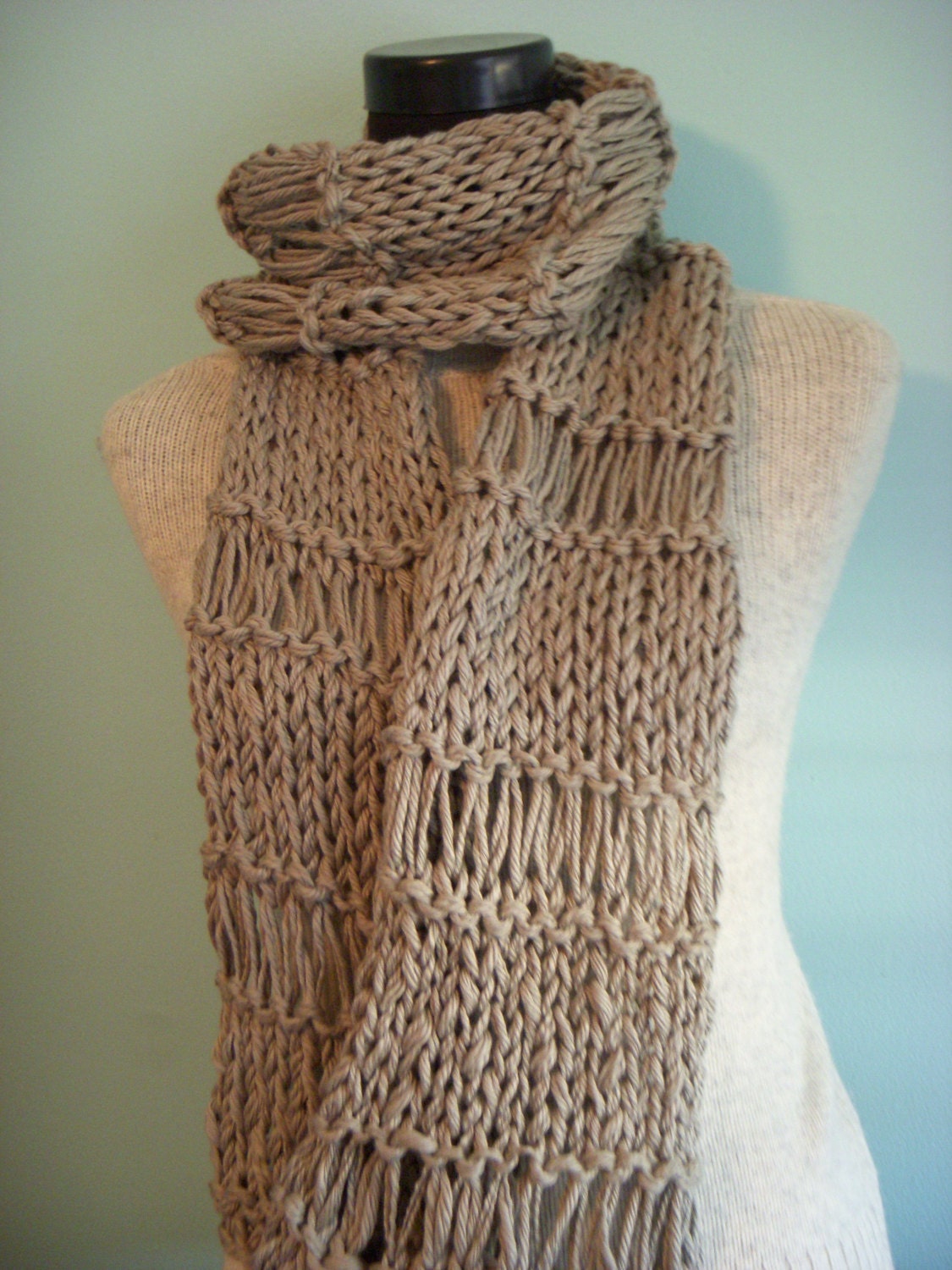 Lacey Knit Scarf Openweave Cowl Wrap Soft Putty Shawl Summer Scarf 100% Cotton