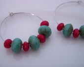 Dainty Beaded Hoop Earrings Turquoise and Poppy Czech Glass Beads