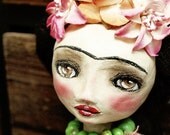 Frida With A Green Necklace - Original Handmade Articulated Paper Clay Doll by Danita Art