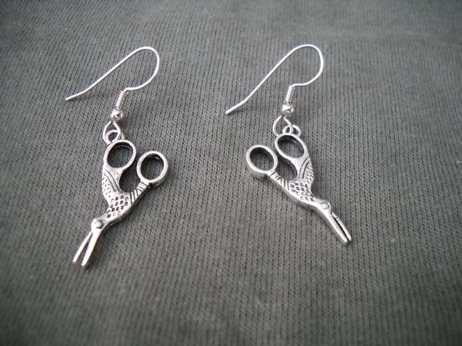 Seamstress Sewing Stork Scissors Silver Charm Earrings