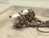 Pearl Earrings Ornate Steampunk Earrings Cream White Swarovski Crystal Pearls Antiqued Goldtone Hawaii Beads