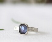 rose cut blue sapphire and moissanite ring, sterling silver textured band, ready to ship