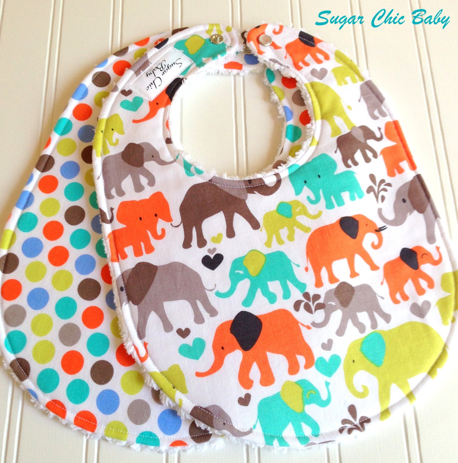 Gender Neutral Baby Bibs  -  Set of 2 Triple Layer Chenille Bibs - Elephant Walk & Diddley Dots
