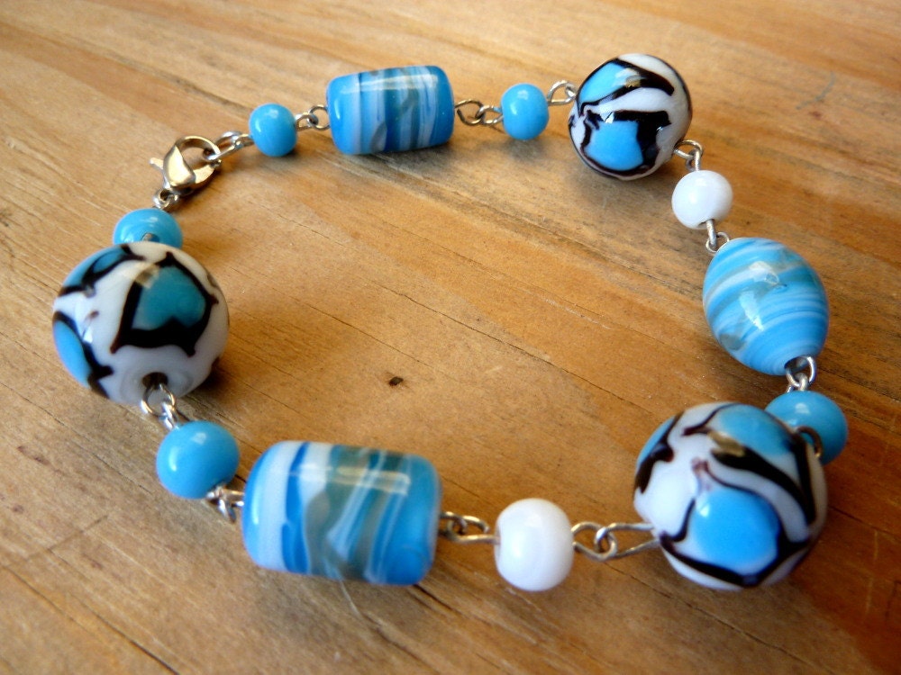 Blue Ocean Bracelet Artisan lampwork glass beads turquoise leopard spots 7 inches