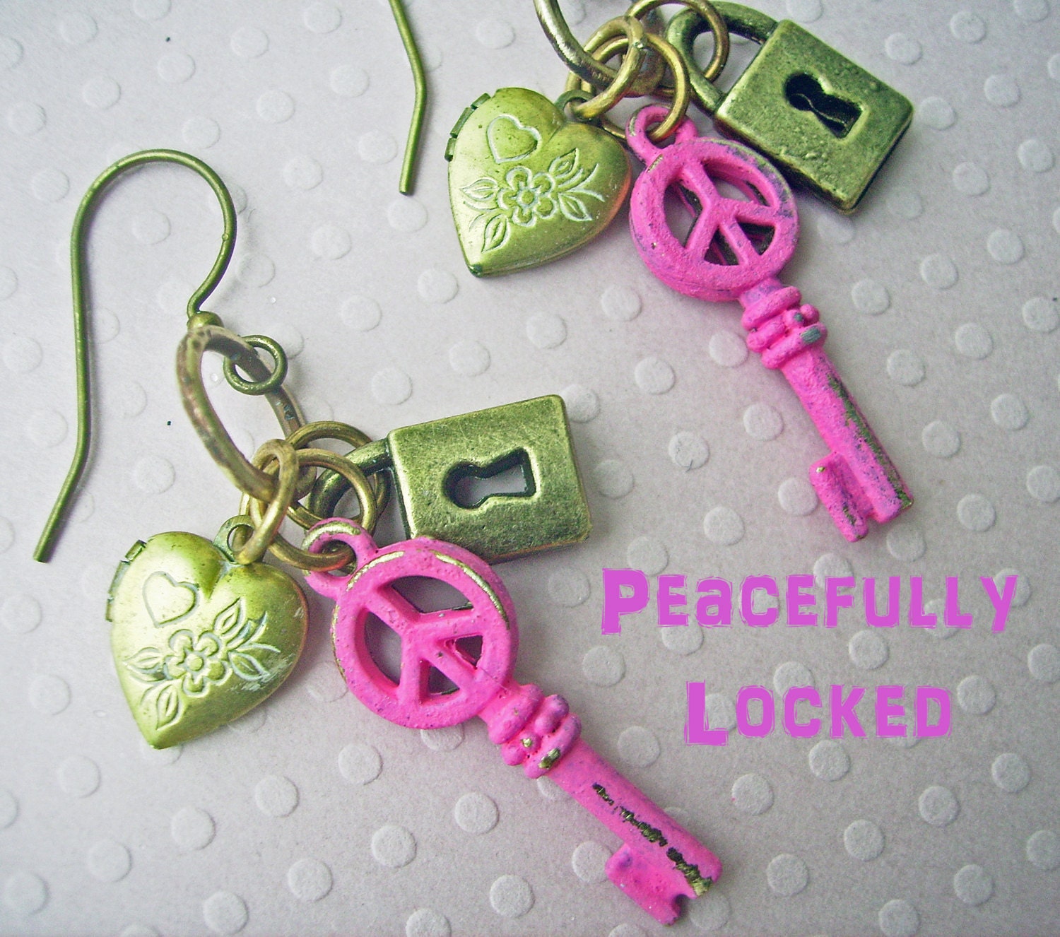 Heart locket earrings, peace vintage key and lock Charm Earrings, hot pink earrings, bohemian Jewelry, shabby chic - Peacefully Locked