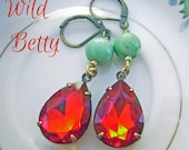 Deep Red and Turquoise Estate Style Earrings, ruby red rhinestone teardrops, gypsy bohemian style, boho chic earrings - Wild Betty