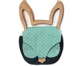 Rabbit Bag bunny ears - oak wooden handle clutch - Aqua blue polka dot