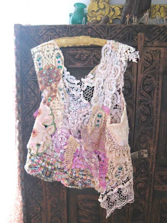 Lacy Hand Stitched Top, Vintage, Antique, Lace, Tattered, Tank, Cream, Pink, Purple, Rustic, Boho