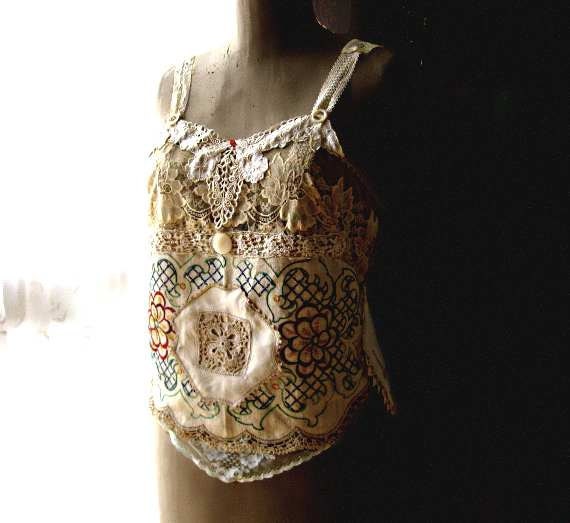 Antique Linen & Lace Top, Embroidered, Cream, Dark Red, Mother of pearl, Buckles, Rustic, Boho