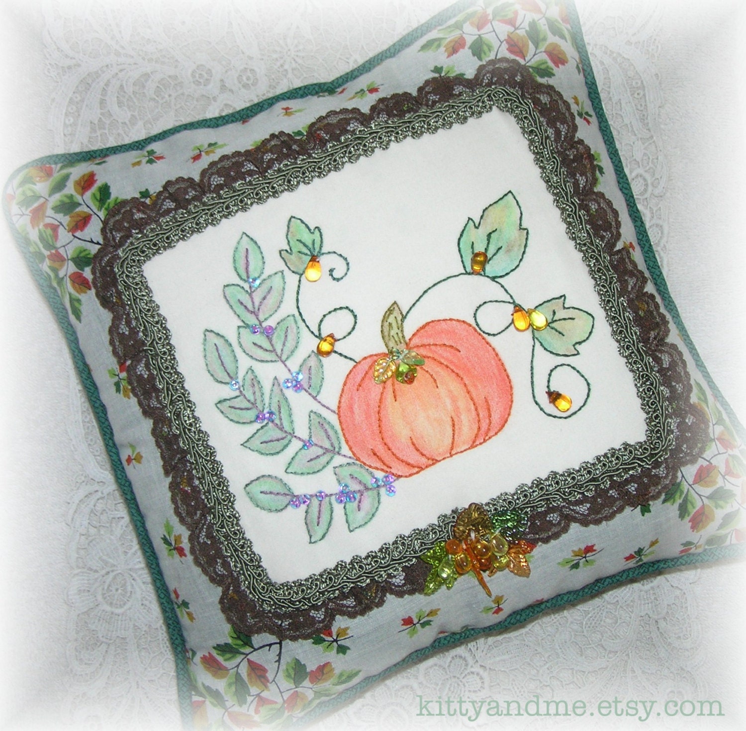 Decorative Embroidered Pillow Fall Pumpkin Vintage Hankie