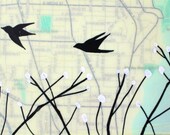 Seward - Flying Birds - Original Map Painting 5 x 10