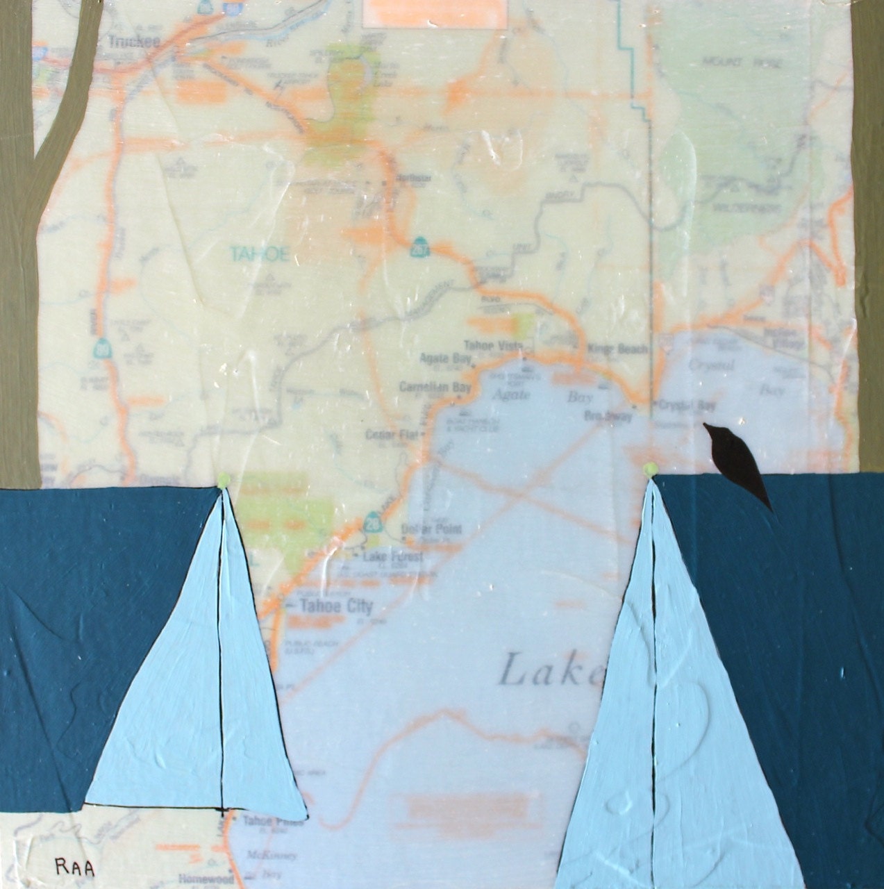 Truckee - Original Map Painting 8" x 8" - Camping Art
