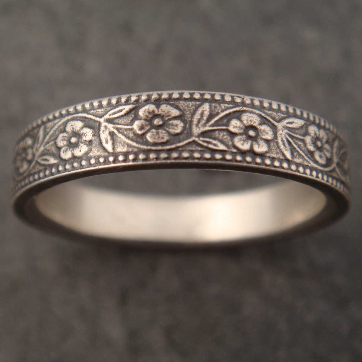 Floral Wedding Band in Sterling Silver-- Narrow 4mm Wide