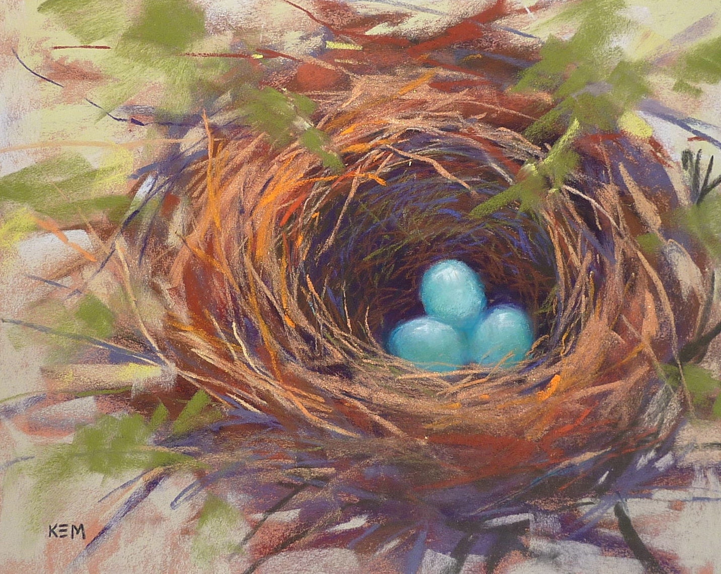 Robin's Nest with Eggs Original Pastel Painting 11x14 by Karen Margulis psa - KarenMargulisFineArt