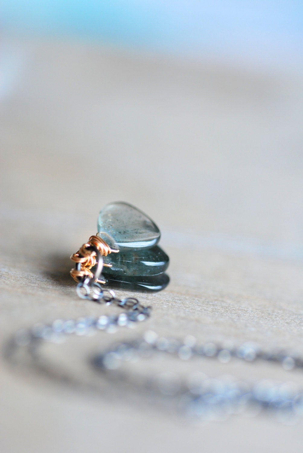 Moss Aquamarine Slice Trio Necklace . Sterling Silver 14 Karat Goldfilled Wire-wrapped Pendant Gift Jewelry
