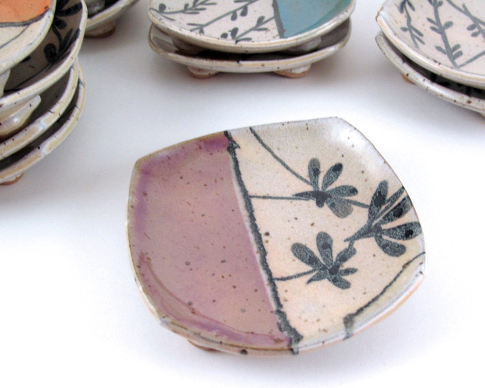 Little Squared Plate in Lilac and Bone - Spoon Rest - Trinket Dish - Ring Catcher - Vines - Lavender Purple and White