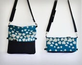 DUO BAG SMALL  -  Teal Blue Heavy Heart Print - Foldover Bag Canvas Screen Print Clutch