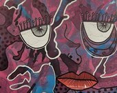 Outsider Folk Art Painting Maroon Plum Abstract Portrait Collage Urban Graffiti 6x6 Inches