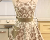 Retro Sweetheart Apron Taupe Flowers BELLA Full Apron