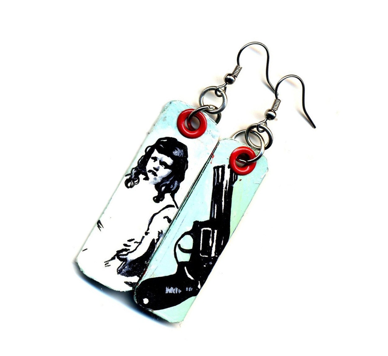 The L'il Brat - hand painted mint green earrings with revolver and child with ringlets