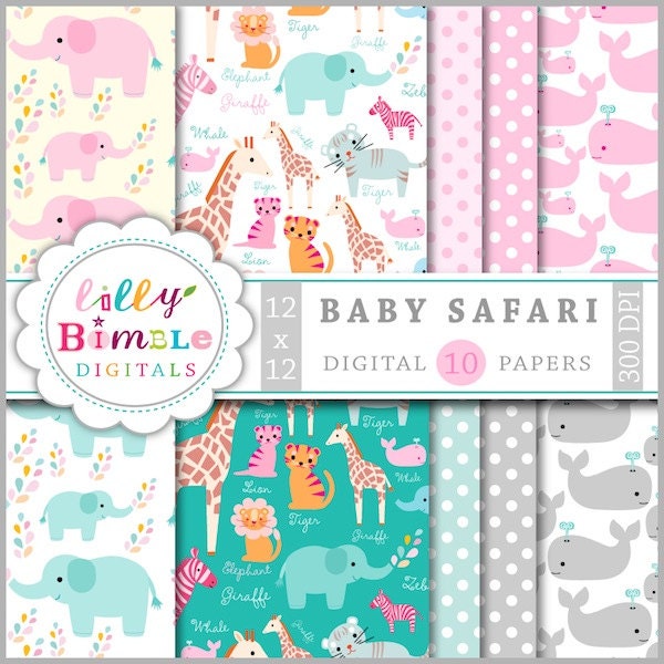 Baby Safari Digital Papers Instant Download Elephants, Giraffe, Lion Baby Shower Il_570xn