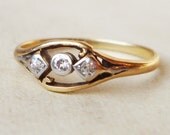 Art Deco Geometric Three Diamond Ring, Vintage 18k Gold Trilogy Ring, Diamond Engagement Ring Size US 6