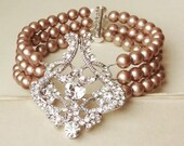Champagne Art Deco Style Filigree Bridal Bracelet, CHAMPAGNE Pearl Wedding Bracelet Cuff, Vintage Style Wedding Jewelry, ALESSANDRA