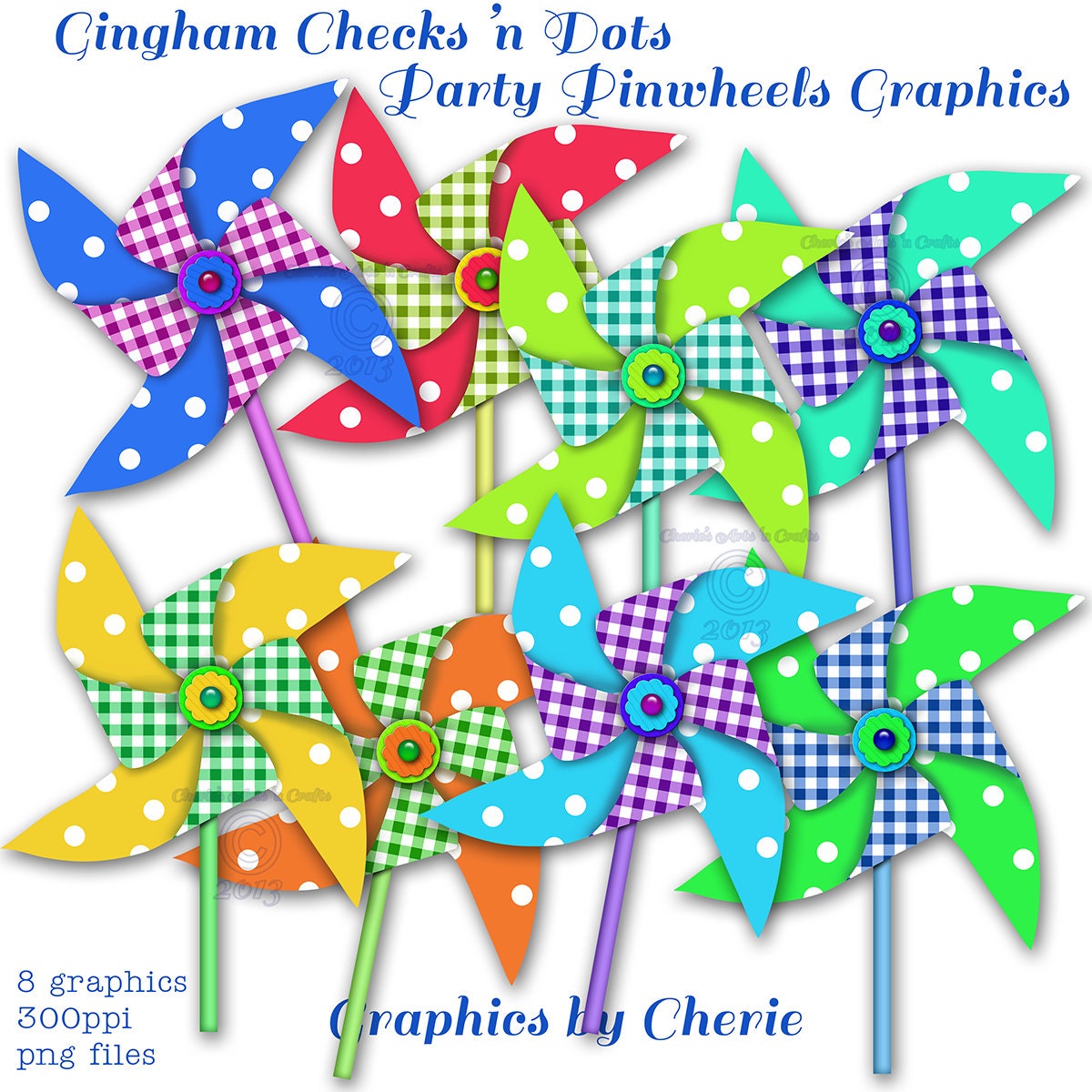Instant Download, Gingham Checks Dots Party Pinwheels Graphics, Downloadable Graphics, Pinwheel Clip Art Set, Digital Download Clip Art