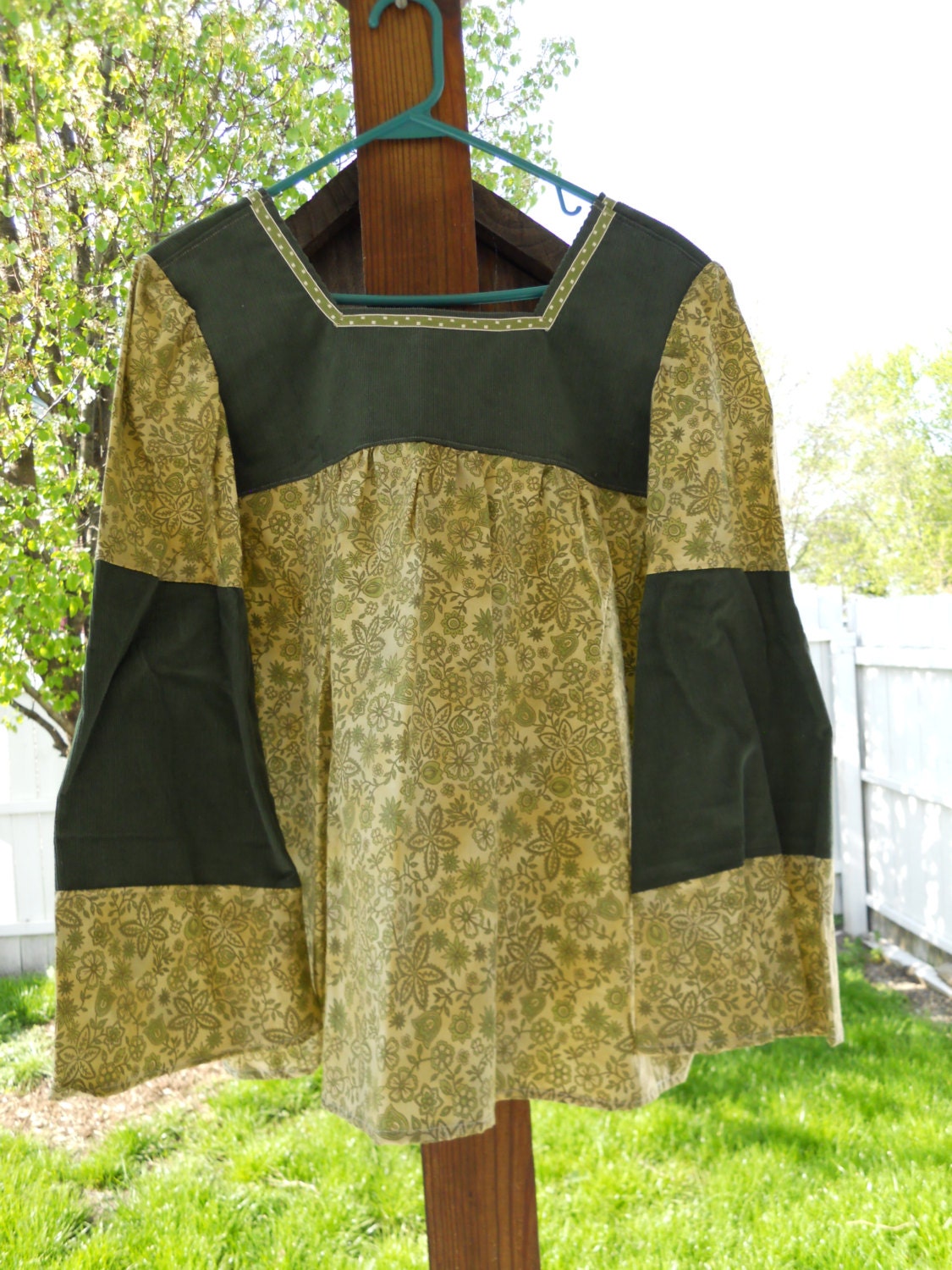 SALE Earthy Greens Hippie Patchwork Square Neck Princess Bell Sleeve Top XS-S