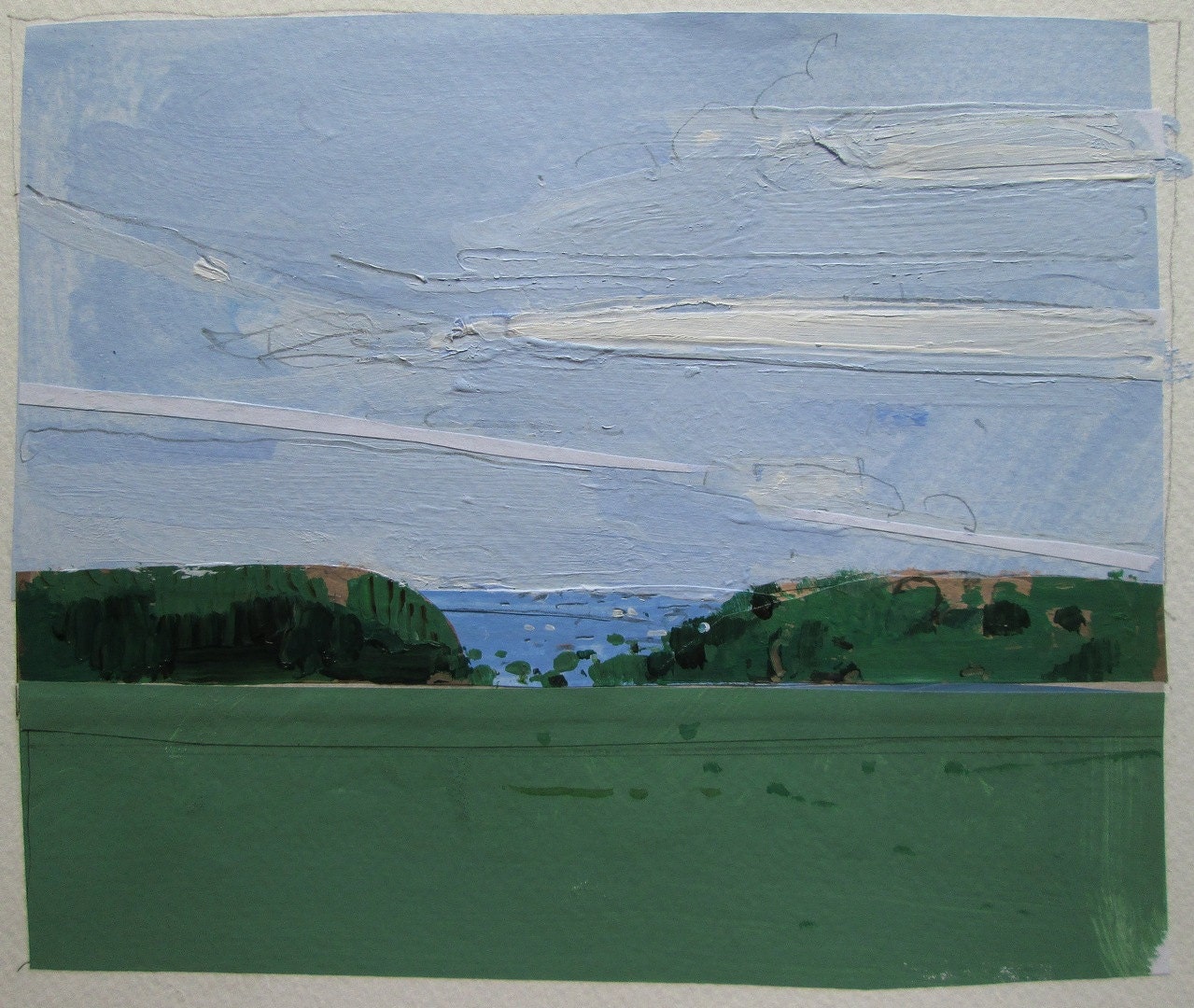 May Blue, Orignal Landscape Collage Painting on Paper, Stooshinoff