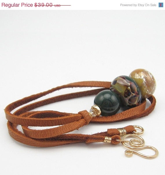 SALE 14k Gold Fill, Lampwork Pendant, Jasper, Deerhide Necklace, Wirework