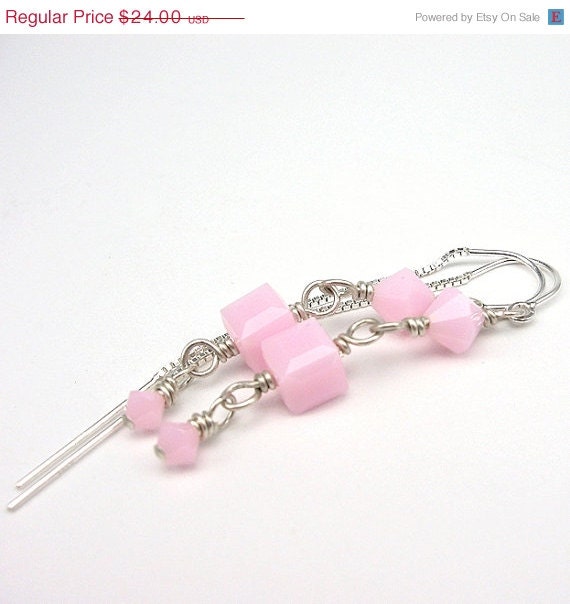 30% off SALE Pink Crystal Earrings, Opaque Swarovski Dangles, Sterling Silver Ear Threads