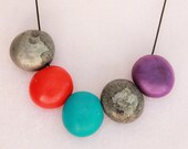 Silver, red and turquoise large pebble adjustable resin necklace