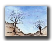 ACEO watercolor PEN and ink original sketch remote trees barren landscape