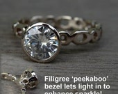 Forever Brilliant Moissanite and Recycled 14k White Gold Alternative Engagement Ring with Filigree Peekaboo Bezel Setting, Made to Order