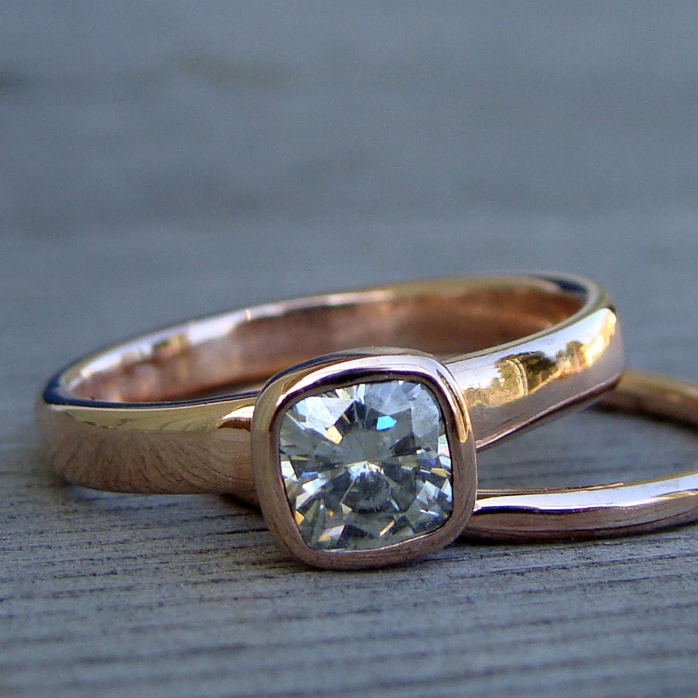 Square Cushion Cut Moissanite and Recycled 14k Rose Gold Alternative Engagement Ring Wedding Band Set, Made to Order