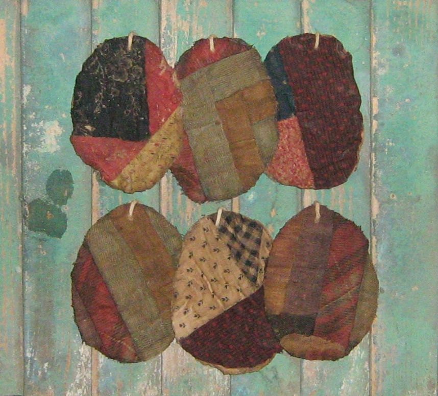 Primitive Easter Egg Ornaments - Grungy Tattered Egg Ornies - burgundy cranberry brown white black pink antique quilt - small - set of 6