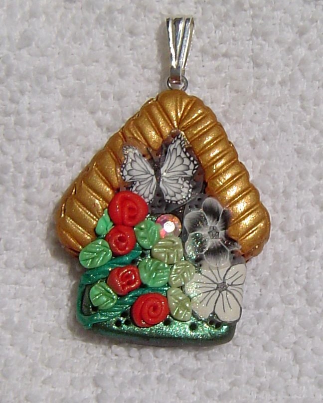 Clearance Sale Whimsical Black Red Birdhouse Handmade Polymer Clay Pendant