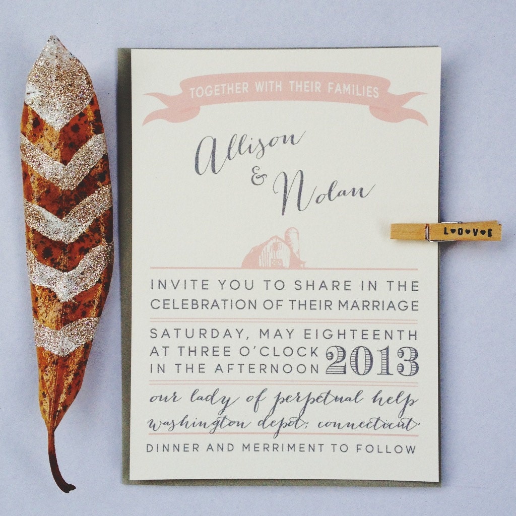 Grey and Blossom Pink Wedding Invitation Suite in Barn design