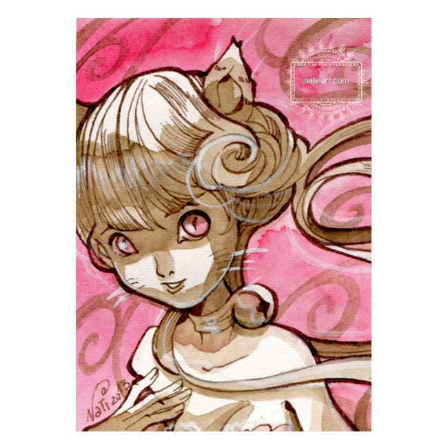 Meow - Original Watercolor ACEO card by Natalia Pierandrei