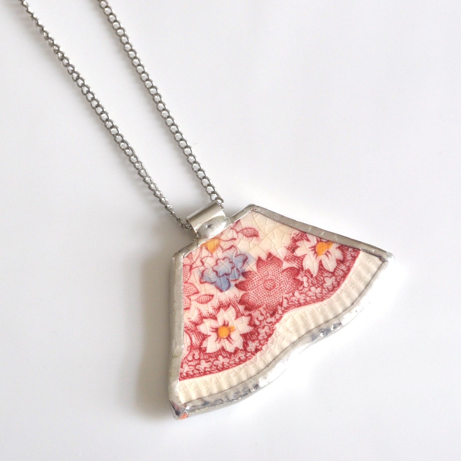 Broken Plate Pendant on Chain - Red Dorchester - Recycled China