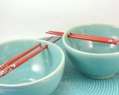 Two Aquamarine Blue Pottery Noodle Bowls IN STOCK / Stoneware Rice Bowls with Chopsticks - great couples gift